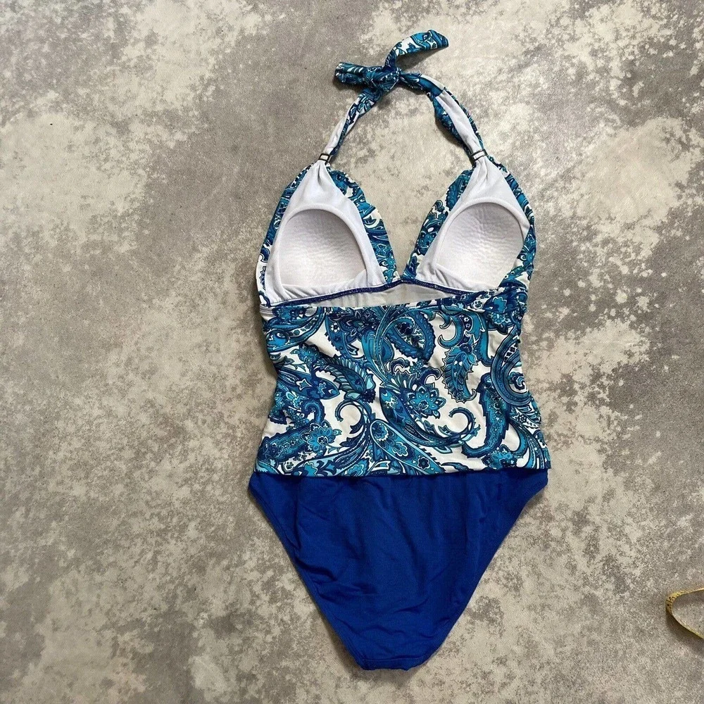Chaps Sz 12 Retro Paisley Halter Swimsuit Blue‎ White Sweetheart Shirred